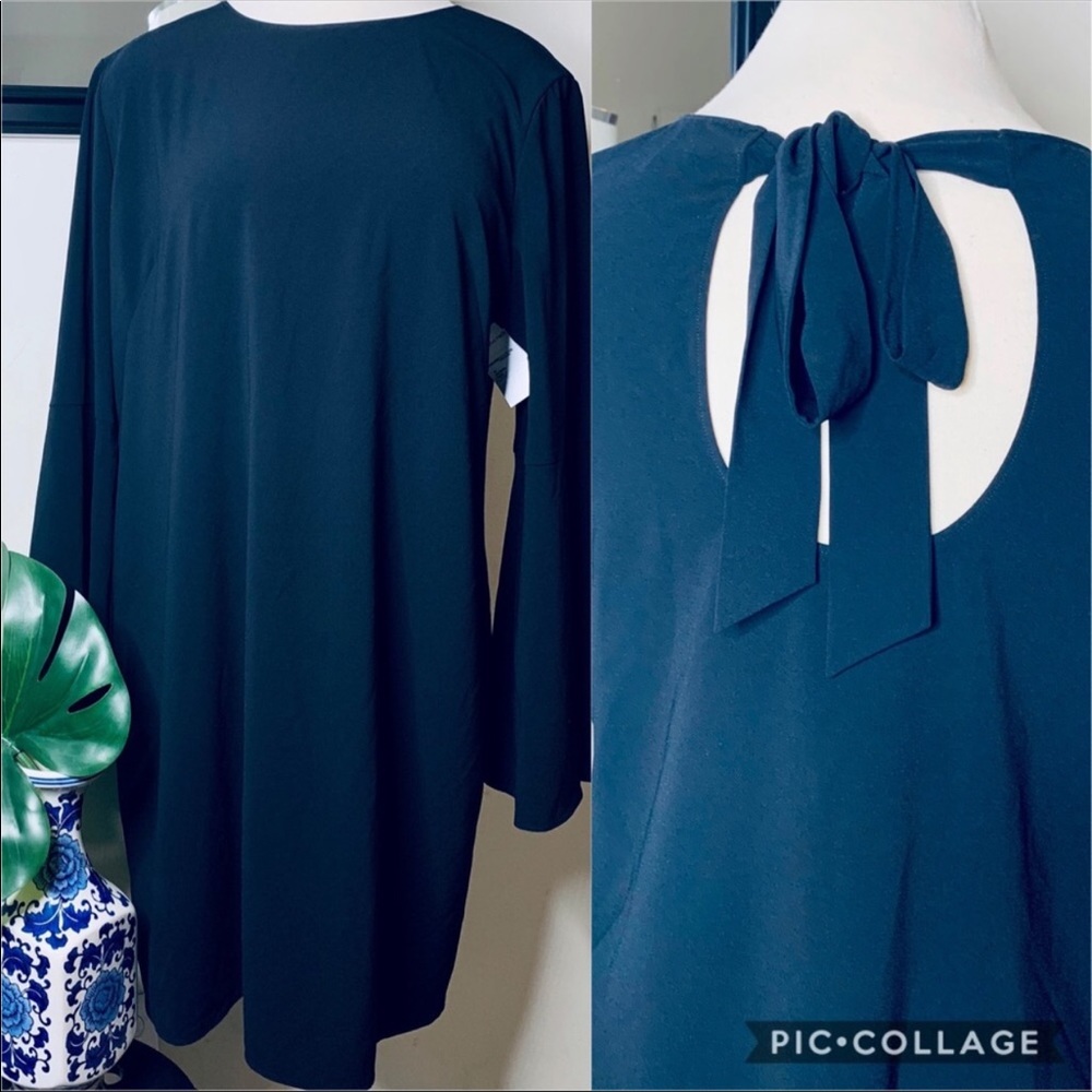 Halogen flare sleeve black bow dress